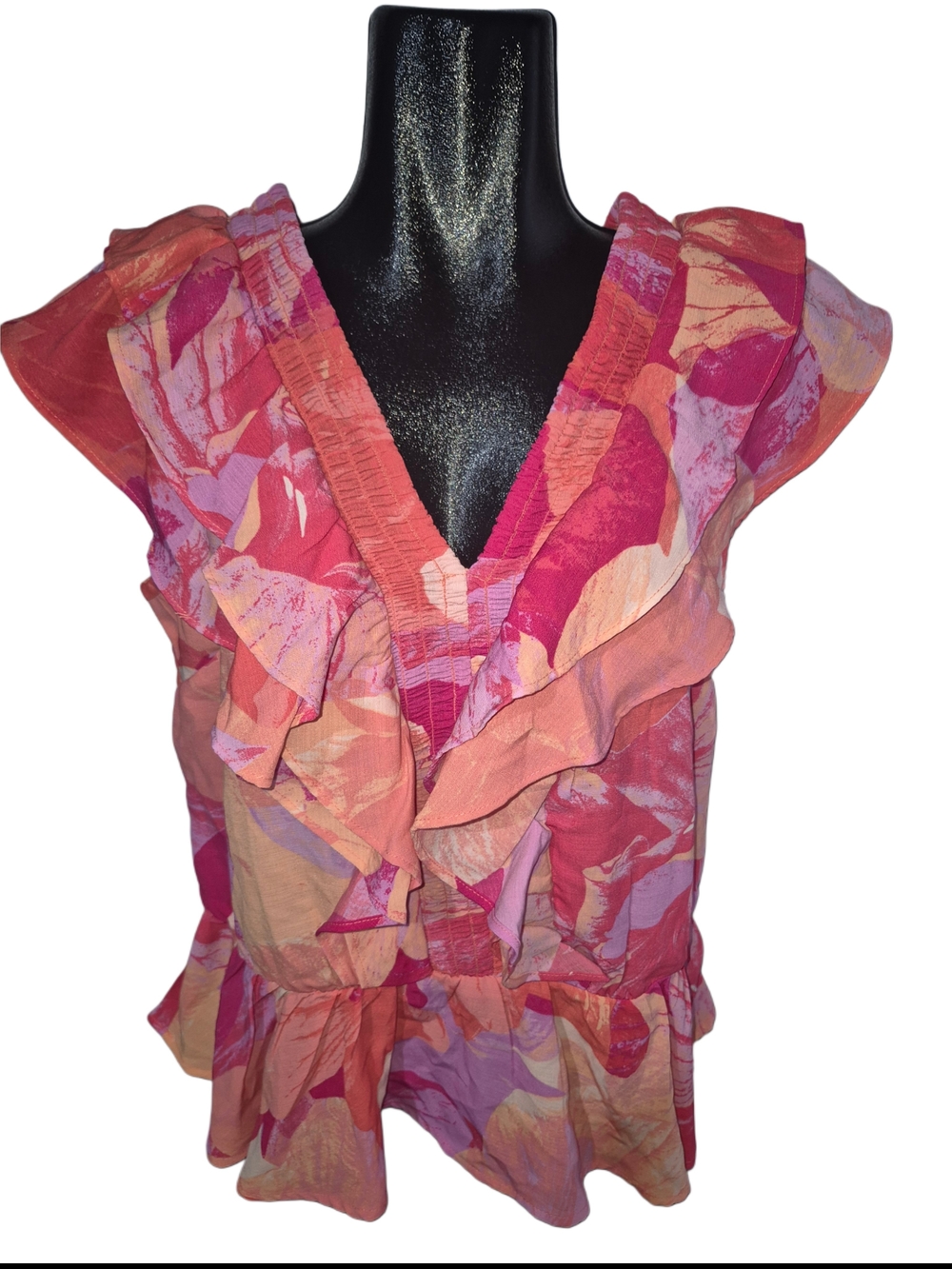 Sofia Jeans By Sofia Vergara Pink & Coral Ruffled V-Neck Short Sleeve Top L